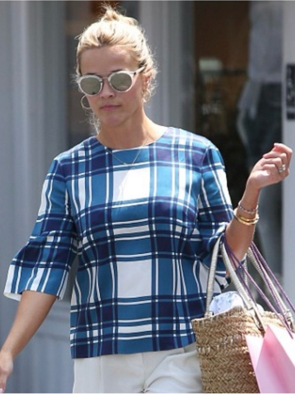 Draper James Blue Plaid Bell-Sleeve Top